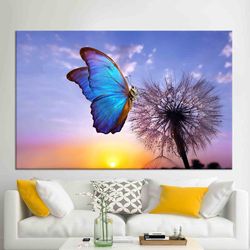 morpho butterfly and dandelion, canvas decor, home decor wall art, sunrise view canvas, 3d wall art, dandelion canvas po
