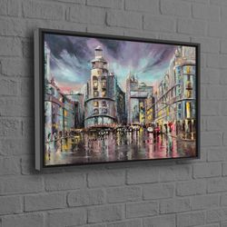 madrid gran via wall art, oil painting print, madrid landscape artwork, cityscape printed, rainy day poster, city landsc