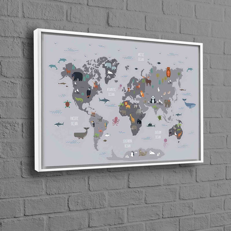 Kids Room Artwork, Educational Printed, Educational Map Wall Decor, World Map With Animals Art Canvas, Kids Map Art, Children Wall Decor,.jpg