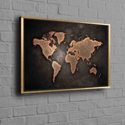 map wall art, modern world map canvas art, classroom art, school canvas art, abstract map canvas, copper printed, abstra