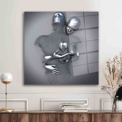 metallic couple, love glass wall art, 3d silver couple tempered glass, 3d metallic glass, hugging couple glass wall art,