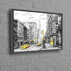 New York Black And Yellow Painting, Romantic Couple Painting, New York Street Painting, Cityscape Wall Art, New York Lan
