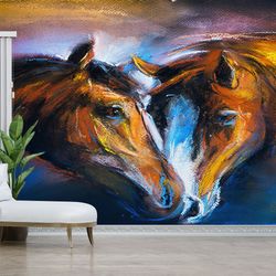 Animal Wall Print, Self Adhesive Paper, Abstract Horse Wall Poster, Modern Wallpaper, Decor For Wall, Two Horses Paintin