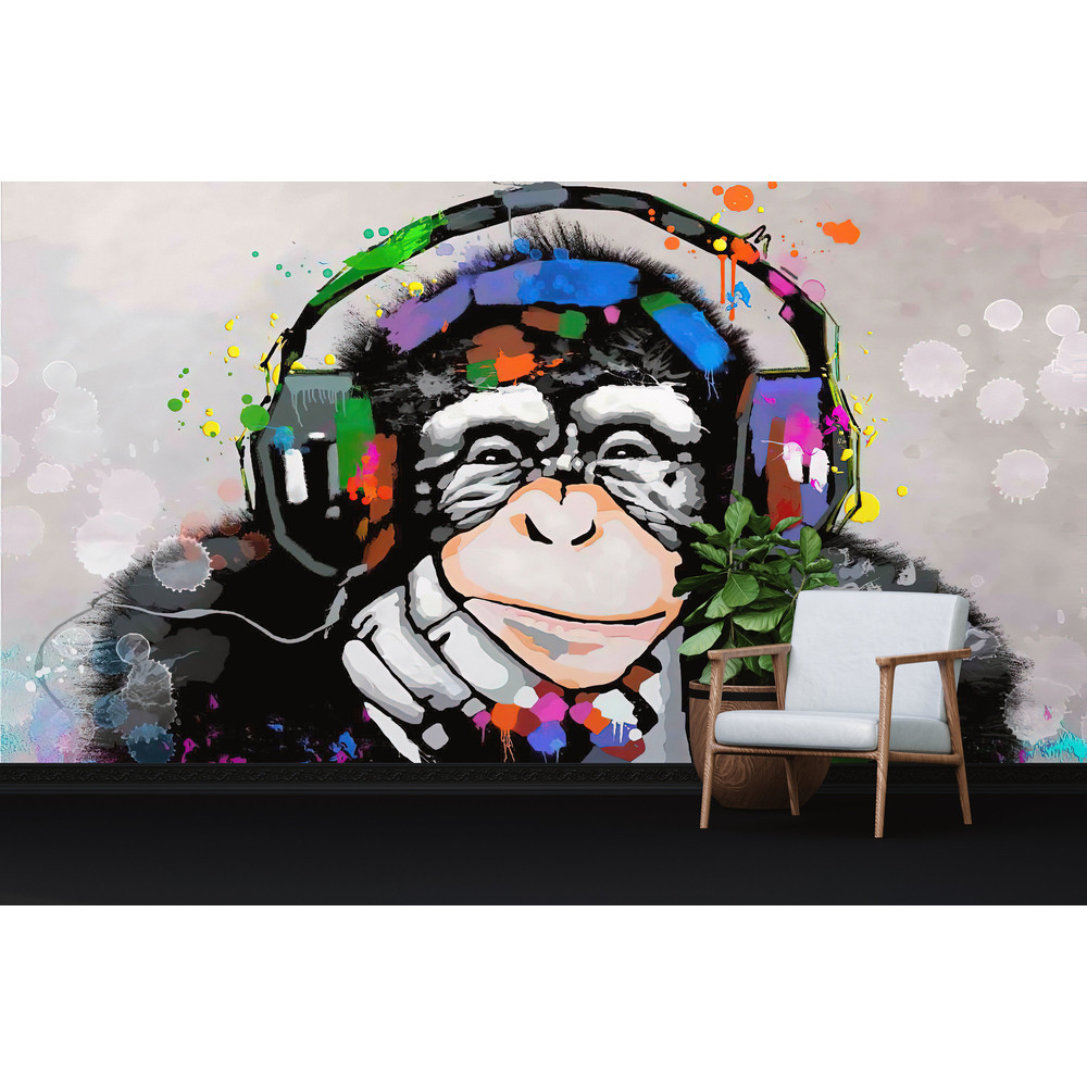 Banksy Monkey Wallpaper, Peel And Stick Wallpaper, Music Lover Monkey Wallpaper, Animal Wall Mural, Banksy Thinking Monkey Wallpaper,.jpg