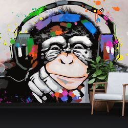 banksy monkey wallpaper, peel and stick wallpaper, music lover monkey wallpaper, animal wall mural, banksy thinking monk
