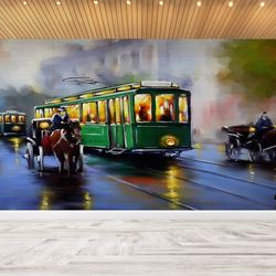 3d printing art, 3d papercraft, wallpaper border, gift for her, green tram painting wall decor, city wall decor, landsca