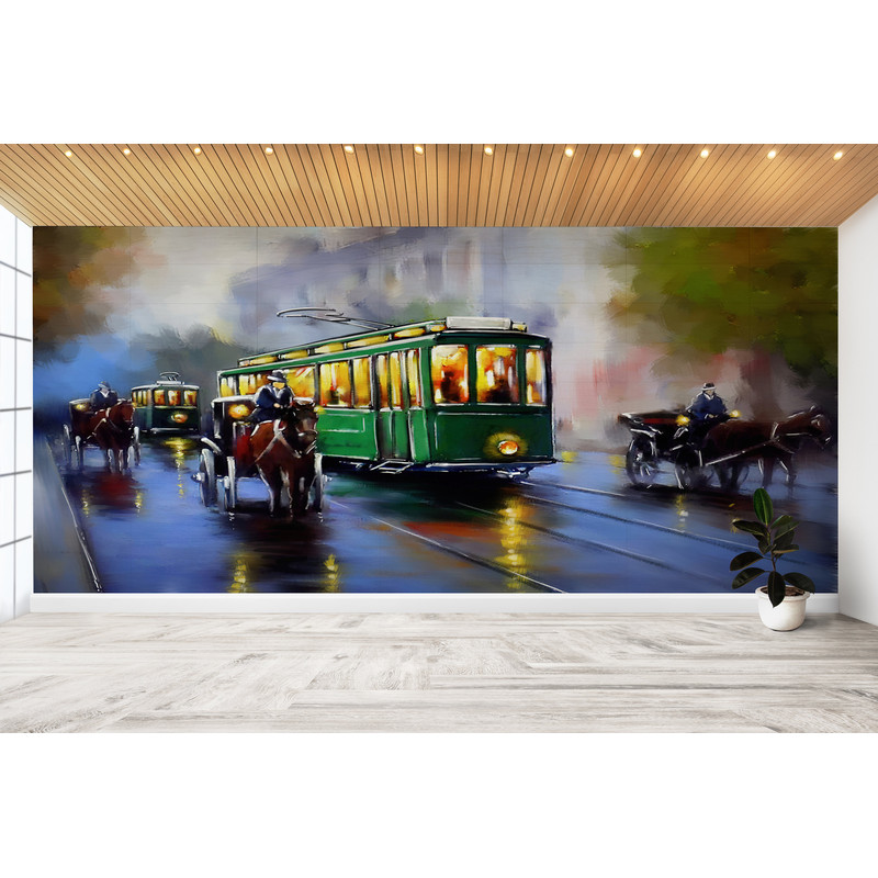 3D Printing Art, 3D Papercraft, Wallpaper Border, Gift For Her, Green Tram Painting Wall Decor, City Wall Decor, Landscape Wall Decor,.jpg