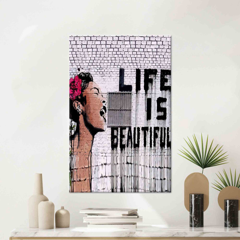 Banksy Wall Art, Graffiti Wall Decor, Life Is Beautiful Art, Glass Art, 3D Canvas, Modern Artwork, Framed Wall Art, Living Room Wall Art,.jpg