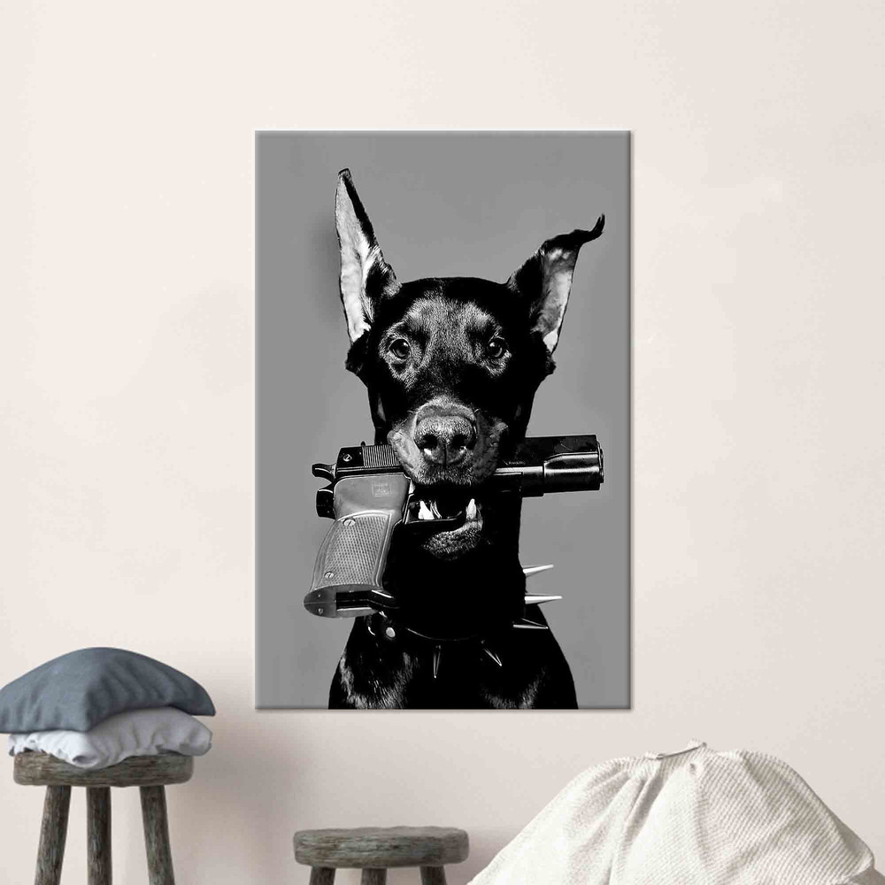Black Dog And Gun Art, Black Dog Wall Decor, Animal Wall Art, Dog Lover Wall Art, Gift For The Home, Tempered Glass, 3D Canvas, Home Decor,.jpg