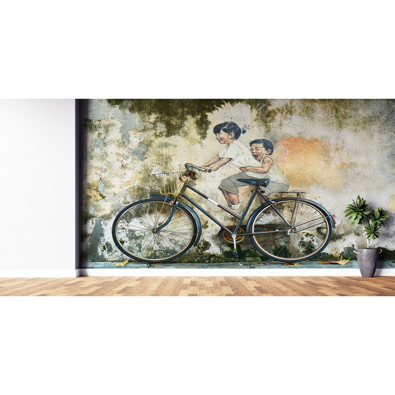 3D Paper Art, Wallpaper Patent, 3D Wall Art, Housewarming Gift, Children On Bike Graffiti Mural, Penang Malaysia Wall Paper, Man Cave Decor,.jpg
