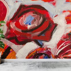 abstract rose painting, red rose wallpaper, rose wall art, abstract flower, red wallpaper, modern wall paper, oil wall m