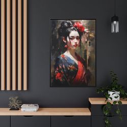 beautiful geisha wall art - japanese oil painting poster or cavas print, framed unframed ready to hang