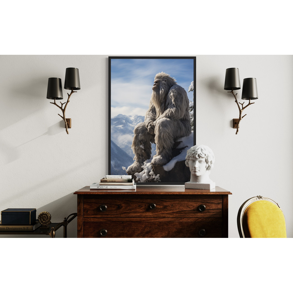 Bigfoot In Snowy Mountains Painting Canvas Print, Sasquatch Wall Art, Yeti Art Print Poster Ready To Hang.jpg
