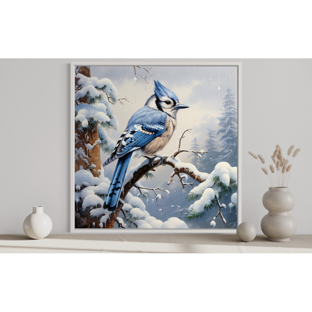 Blue Jay In Snow Watercolor Painting Canvas Print, Birds Wall Decor, Winter Wall Art Framed Ready To Hang.jpg