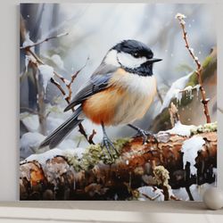 chickadee in snow watercolor painting canvas print, birds wall decor, winter wall art framed ready to hang