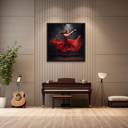 ballerina in red dress dancing painting, dance room wall art, ballet wall decor framedunframed ready to hang