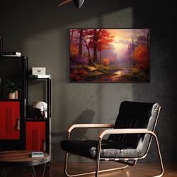 autumn wall art, fall forest painting canvas print, nature landscape living room wall decor framed ready to hang