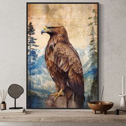 cool eagle wall art - eagle in mountains sitting on a rock painting canvas print - framed or unframed ready to hang