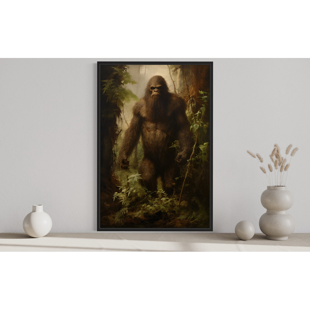 Bigfoot In The Forest Painting Canvas Print, Sasquatch Wall Art, Yeti Art Print Poster, Man Cave Decor Ready To Hang.jpg