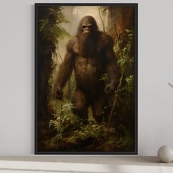bigfoot in the forest painting canvas print, sasquatch wall art, yeti art print poster, man cave decor ready to hang