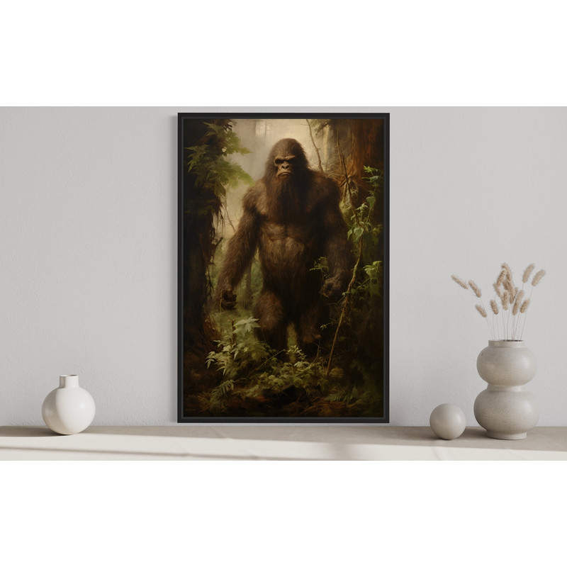 Bigfoot In The Forest Painting Canvas Print, Sasquatch Wall Art, Yeti Art Print Poster, Man Cave Decor Ready To Hang.jpg
