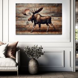 cabin wall art, moose painting on wood canvas print, rustic chic farmhouse wall decor, framed unframed ready to hang