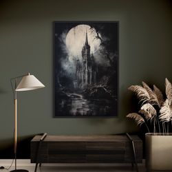 dark gothic castle painting canvas print, halloween wall art, dark academia moody decor framed ready to hang chatgpt