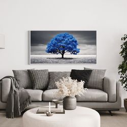 blue tree on black white background extra large painting canvas print - blue wall art framed, unframed, ready to hang