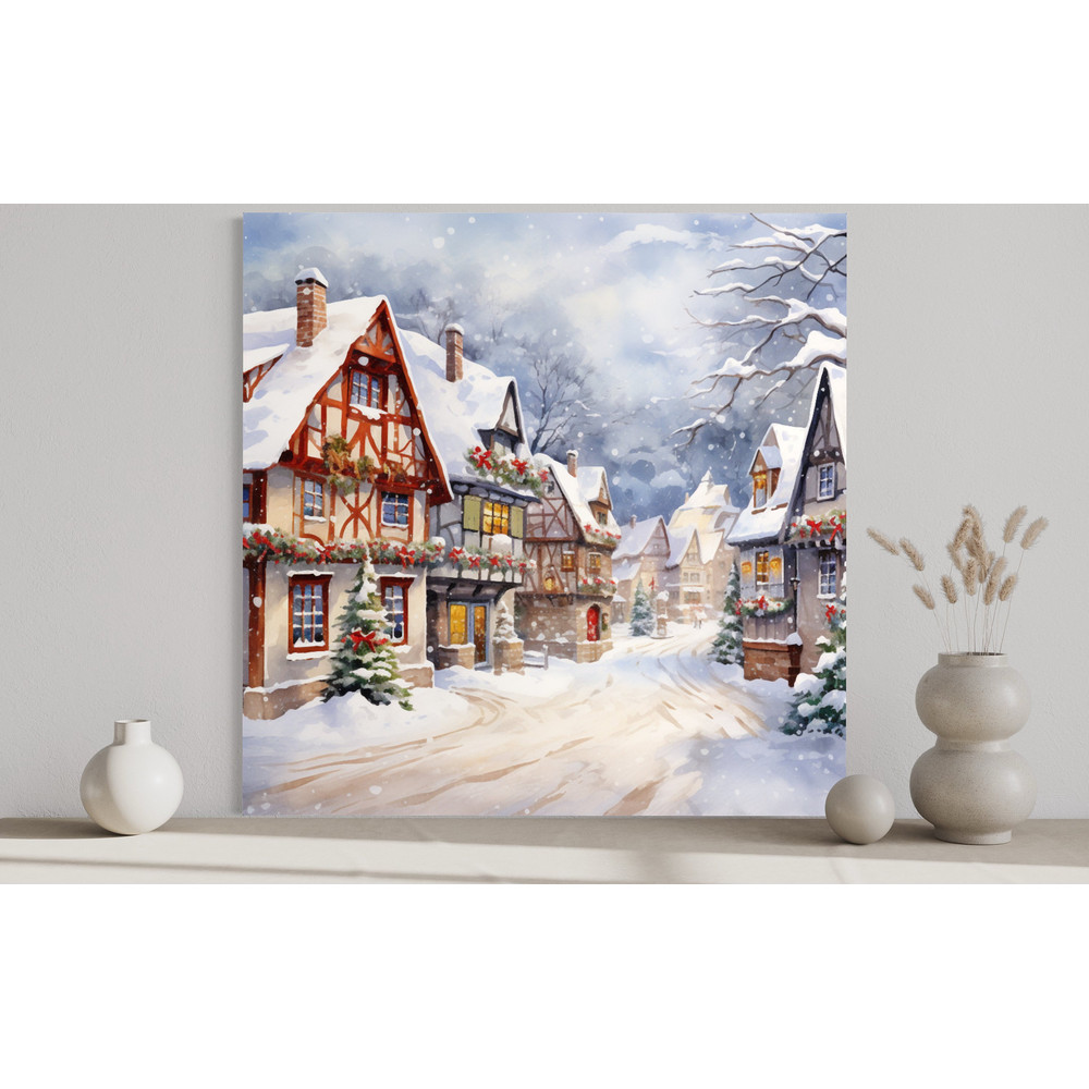 Christmas Eve Wall Art - Whimsical Decorated Village Watercolor Painting Canvas Print, Winter Wall Decor Ready To Hang.jpg