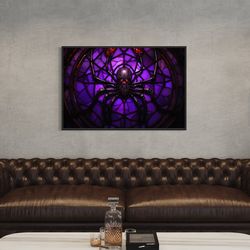 dark academia wall art, gothic spider painting canvas print, stained glass style moody spider wall decor, ready to hang