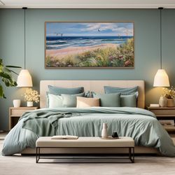 colorful beach with seagulls and grass painting canvas print - coastal beach house wall art framed unframed ready to han