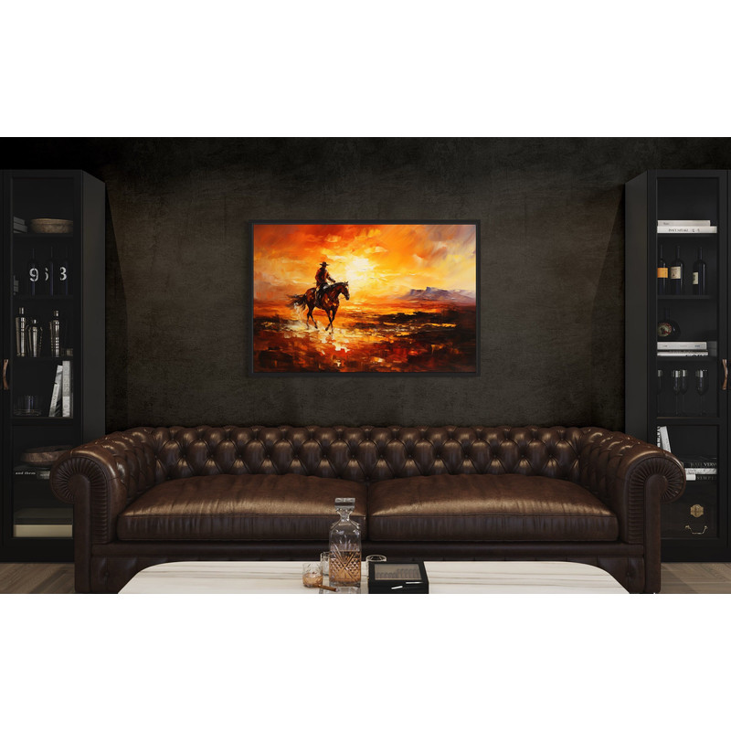 Cowboy Riding A Horse In The Desert At Sunset Painting Canvas Print - Wild West Wall Art Framed Or Unframed Ready To Hang.jpg