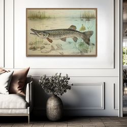 cabin wall art, lakehouse wall decor northern pike vintage painting canvas, fish art print - fisherman gift, ready to h