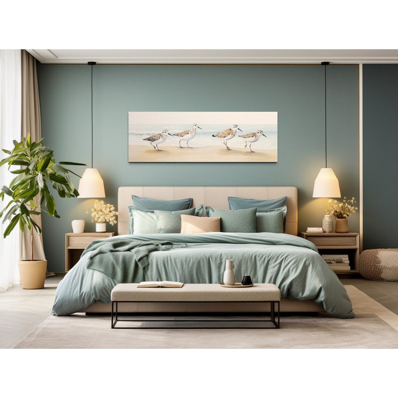 Beach House Wall Art, Sandpipers Walking On The Beach Panoramic Painting Canvas Print, Lakehouse Decor, Framed Ready To Hang.jpg