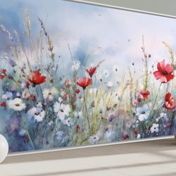 blue red wildflowers watercolor painting canvas print, botanical wall art, boho decor, farmhouse floral artwork ready to