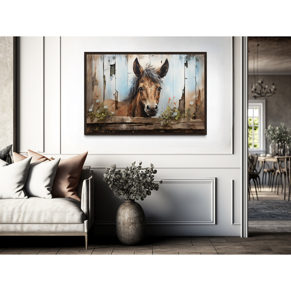 Cute Farm Horse Rustic Painting on Wood Effect Canvas Print, Farmhouse Wall Art, Farm Animals Art Prints, Framed Ready to Hang.jpg