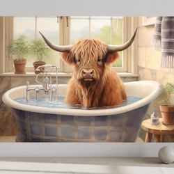 bathroom wall art -highland cow in a bathtub watercolor painting canvas or poster art print - framed or unframed ready