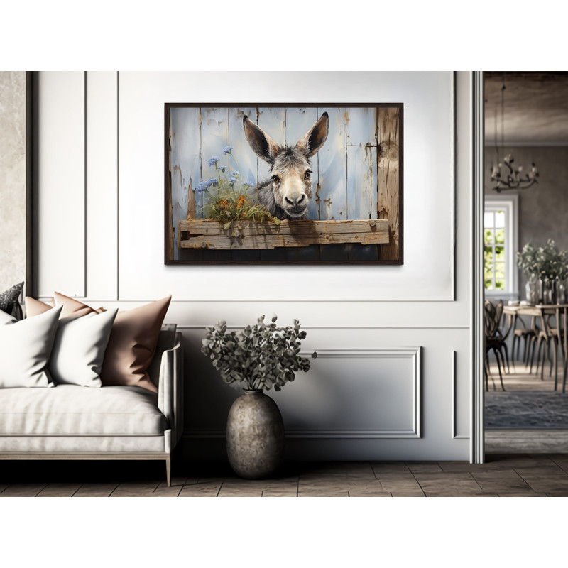Cute Farm Donkey Rustic Painting on Wood Effect Canvas Print, Farmhouse Wall Art, Farm Animals Art Prints, Framed Ready to Hang.jpg