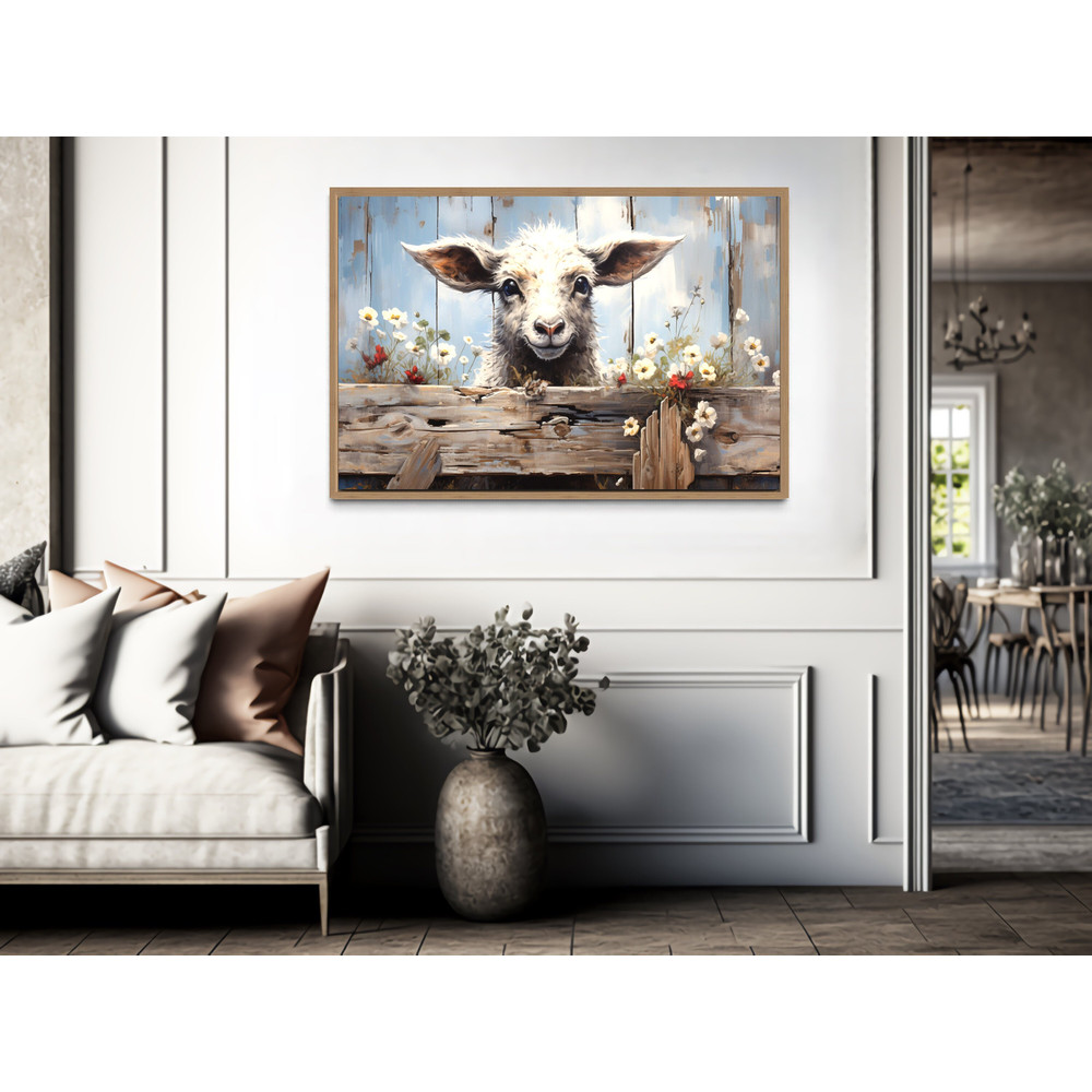 Cute Farm Sheep Rustic Painting on Wood Effect Canvas Print, Farmhouse Wall Art, Farm Animals Art Prints, Framed Ready to Hang.jpg