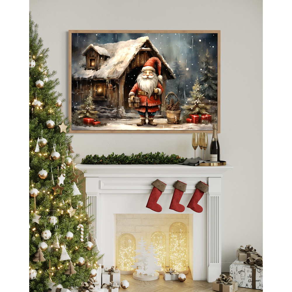Christmas Gnome in Santa Hat Rustic Painting On  Wood Effect Canvas Print, Christmas Over Mantel Winter Wall Decor Ready To Hang.jpg