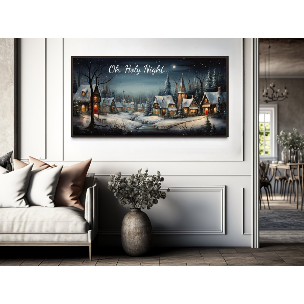 Christmas Eve Farmhouse Sign, Oh Holy Night Snowy Winter Christmas Village Painting Canvas Print, Over Mantel Decor Ready To Hang.jpg