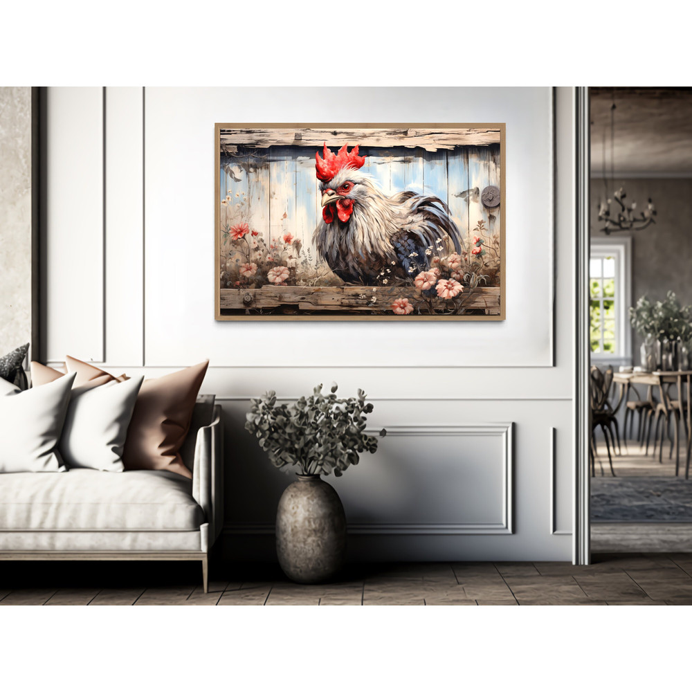 Cute Farm Rooster Rustic Painting on Wood Effect Canvas Print, Farmhouse Wall Art, Farm Animals Art Prints, Framed Ready to Hang.jpg