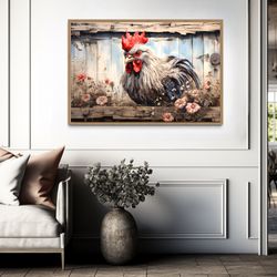 cute farm rooster rustic painting on wood effect canvas print, farmhouse wall art, farm animals art prints, framed read