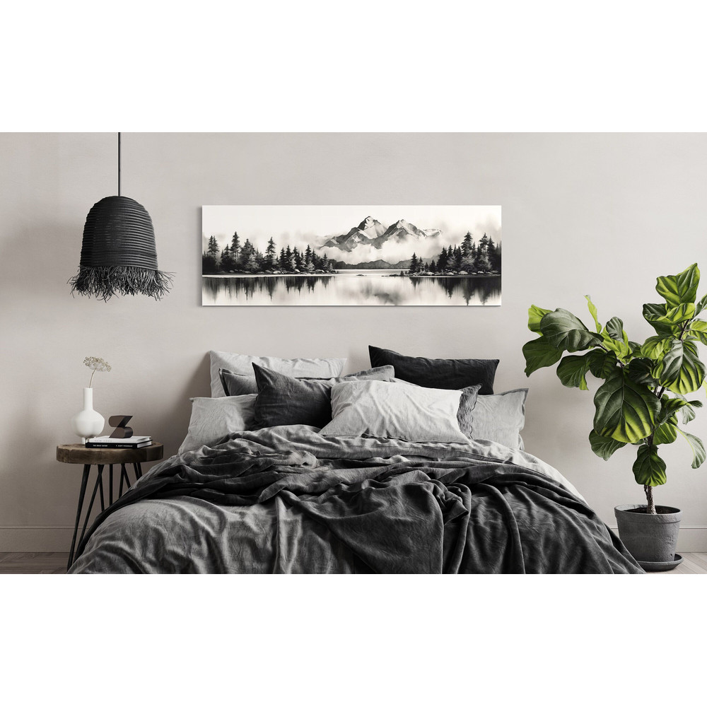 Black And White Minimalist Watercolor Mountain Lake Landscape Panoramic Painting Print,  Long Horizontal Canvas, Over Bed Wall Art.jpg