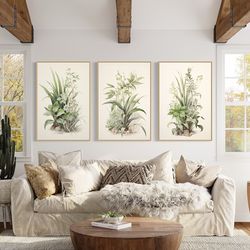 3 pieces set botanical wall art, framed canvas house plants boho watercolor painting art print, neutral colors farmhouse