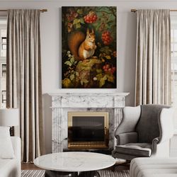 cottagecore wall art - squirrel in the forest moody painting canvas print, cabin, cottage, forestcore wall art framed re