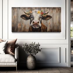 curious cow farmhouse wall art, farm cow painted on wood canvas print, farm animals rustic wall art framed, unframed, re