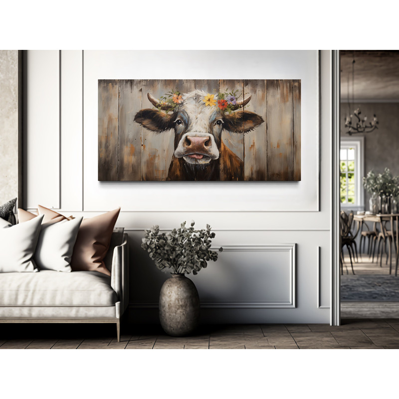 Curious Cow Farmhouse Wall Art, Farm Cow Painted on Wood Canvas Print, Farm Animals Rustic Wall Art Framed, Unframed, Ready To Hang.jpg
