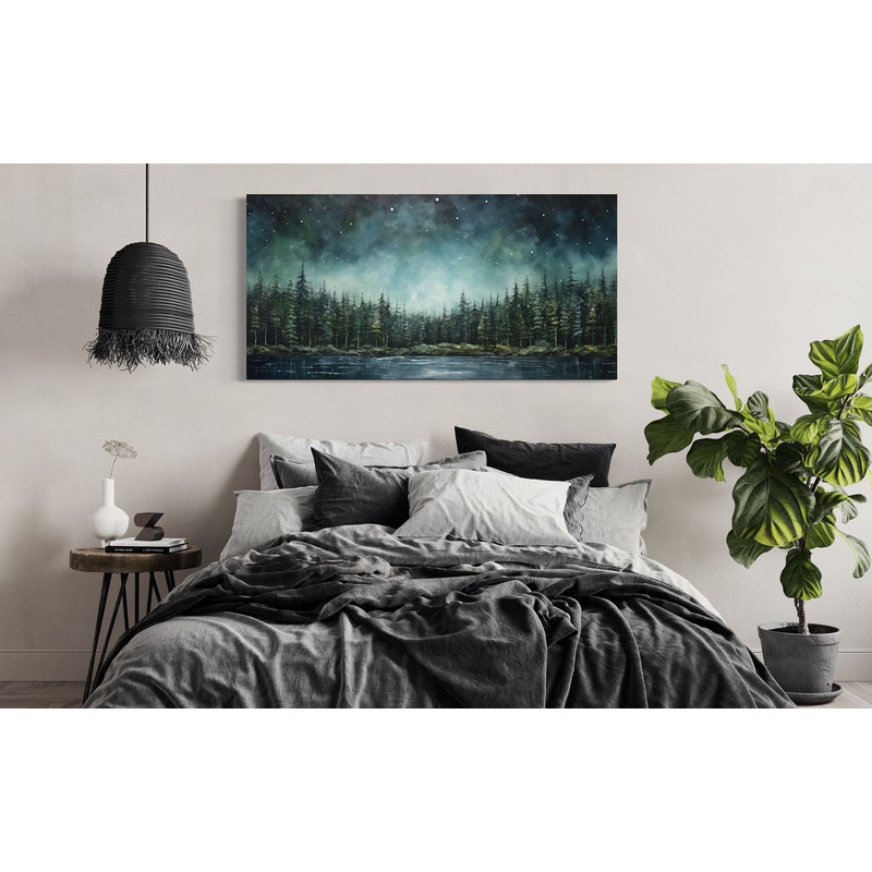 Abstract Starry Sky Over Sage Green Fir Forest And Lake Painting Canvas Print, Living Room Wall Art, Nature Wall Decor Ready To Hang.jpg