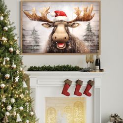 christmas wall art cute moose in santa hat rustic painting on wood effect canvas print, over mantel winter wall decor r
